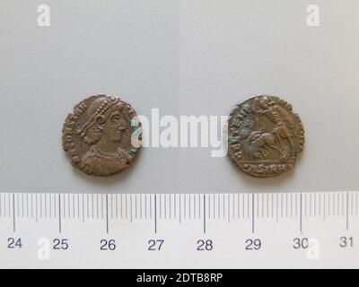 Ruler: Constantius II, Emperor of Rome, A.D. 317–361, ruled A.D. 337–61, Mint: Sirmium, 1 Nummus of Constantius II, Emperor of Rome from Sirmium, 355–61, Copper, 2.50 g, 12:00, 17 mm, Made in Sirmium, Roman, 4th century, Numismatics Stock Photo