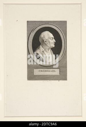 Artist: Augustin de Saint-Aubin, French, 1736–1807, Portrait Bust of Crebillon, mid-late18th century, Engraving, platemark: 6 13/16 × 4 1/2 in. (17.3 × 11.5 cm), Made in France, French, 18th century, Works on Paper - Prints Stock Photo