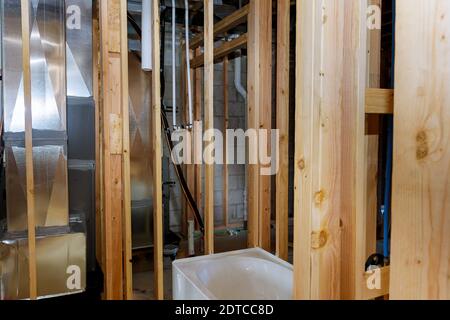 Construction work, water pipe pumping systems for bathroom PVC pipe connections Stock Photo
