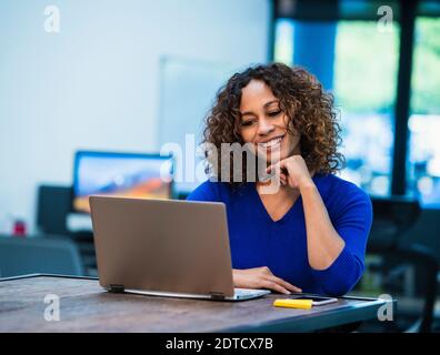 Smiling woman looking at laptop at desk in office Stock Photo