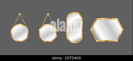 Hanging mirrors set. Circle and square mirrors with golden frame. Stock Vector
