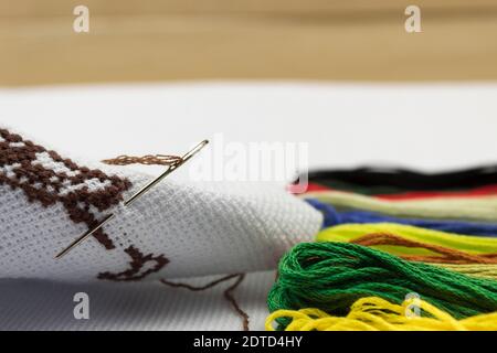 Embroidery threads with a needle for sewing. Multi-colored threads for embroidery with a needle Stock Photo