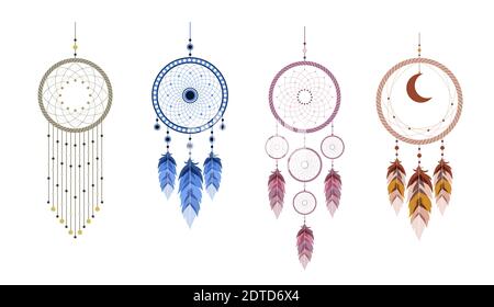 Dream catcher with mandala and feathers. Set of Indian mascots. Stock Vector