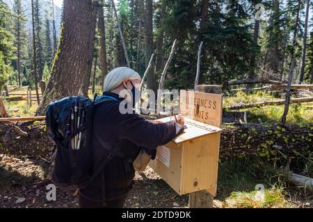 USA, Idaho, Stanley, Senior woman in protective mask signing wilderness permit before hiking Stock Photo