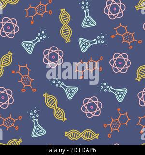 Seamless pattern with scientific objects. Hand drawn DNA molecule, atom and other objects associated with science. Vector illustration in doodle style Stock Vector