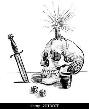 Human skull, dice cubes, dagger, and, burning candle. Ink black and white drawing Stock Photo