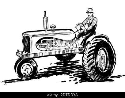 Farmer on retro tractor. Ink black and white drawing Stock Photo