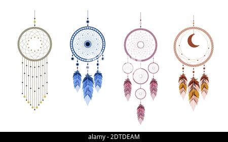 Dream catcher with mandala and feathers. Set of Indian mascots. Stock Vector