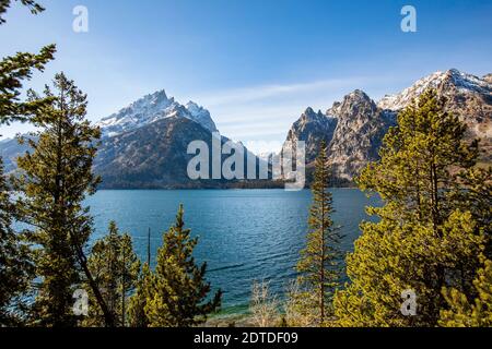 USA, Wyoming, Jackson, Grand Teton National Park, View of Teton Range from Jenny Lake in Grand Teton National Park Stock Photo