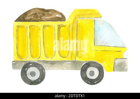 Cute cartoon illustration of construction yellow dump truck. Hand painted watercolor children's design Stock Photo