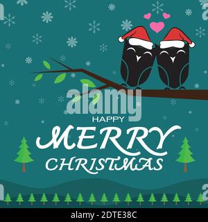 Vector merry christmas greeting owl card on blue background. Easy editable layered vector illustration. Wild Animals. Stock Vector