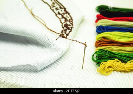 Multi-colored threads for embroidery with a needle and white fabric. Threads for embroidery with a needle on a white cloth. Stock Photo