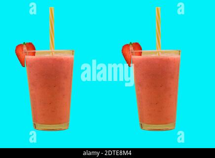 Strawberry smoothie in a glass cup and straw. Tasty milkshake on isolated background Stock Photo
