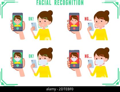 A set of women doing facial recognition on their phones. With or without a mask, there are examples of success and failure of facial recognition.It's Stock Vector