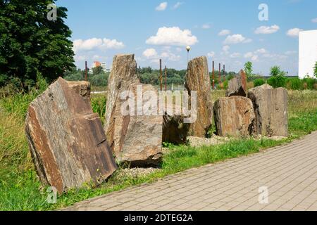Large stones on the green grass. Boulders are arranged in a circle in the meadow Stock Photo