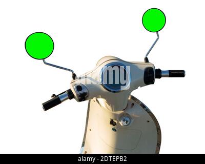 Electric moped on an isolated white background. The front of the moped, steering wheel and two mirrors Stock Photo