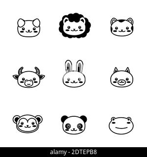 editable line, stroke. face head icon set. Kawaii animal. Cute cartoon character. Funny baby kids print. White background. Isolated. Outline symbol Stock Vector