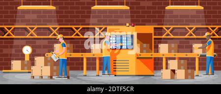 Conveyor belt machine concept in warehouse. Modern factory equipment. Warehouse process service. Package X-ray baggage. Security, logistic and delivery. Cartoon flat vector illustration Stock Vector