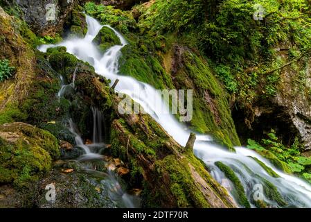 Beautiful scenic landscape of Isichenko waterfall in Kurdzhips Gorge in Caucasus mountains by Mezmai at summer, Russia. Stock Photo