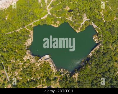 Halibut Point State Park and grainy quarry top view and the coast aerial view in town of Rockport, Massachusetts MA, USA. Stock Photo