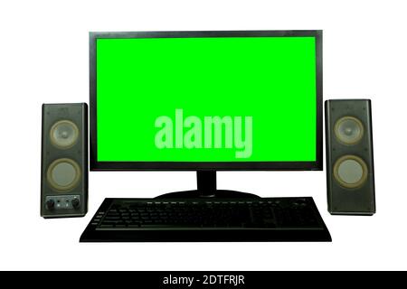 Computer monitor with keyboard and speakers On an isolated white background. Blank white screen and speakers Stock Photo