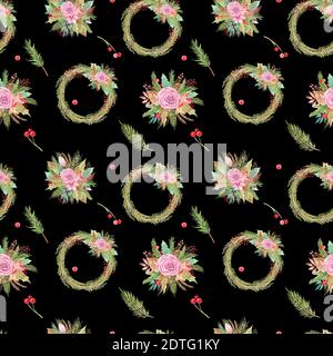 Seamless pattern of Christmas floral arrangement and wreath on black background. Winter Botanical elements flowers rose, pine tree, poinsettia, berrie Stock Photo