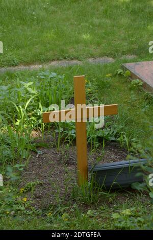 new wooden cross on an anonymous grave in a shady cemetery Stock Photo