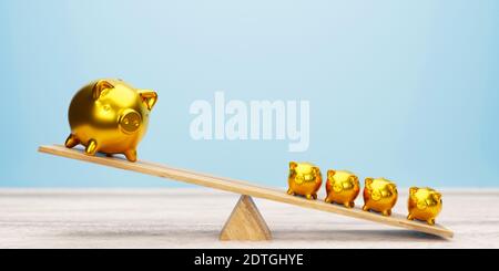 Pink piggy banks balancing on seesaw 3d illustration Stock Photo