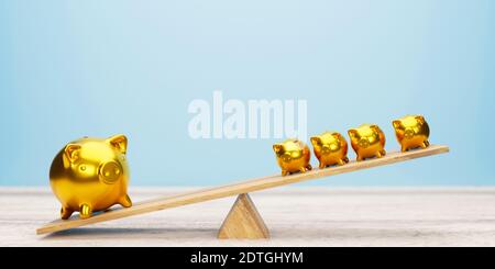 Pink piggy banks balancing on seesaw 3d illustration Stock Photo