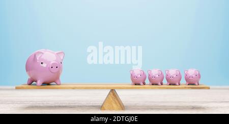 Pink piggy banks balancing on seesaw 3d illustration Stock Photo