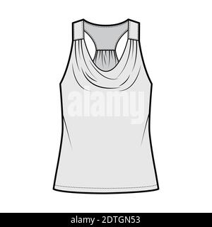 Tank racerback cowl top technical fashion illustration with ruching, oversized, tunic length. Flat apparel outwear shirt template front, grey color. Women, men unisex CAD mockup Stock Vector