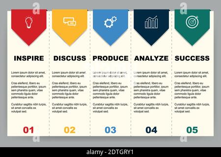 Business infographic brochure template with 5 stages. Templates for startup progress marketing presentation Stock Vector