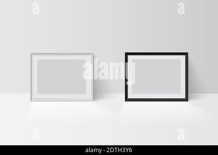 Realistic vector 3d empty blank black and white simple frame mockup templates isolated on light background. Picture or photo framing mats with border Stock Vector