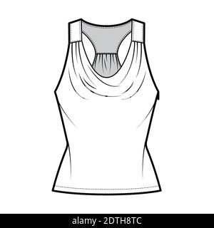 Tank racerback cowl top technical fashion illustration with ruching, fitted body, tunic length. Flat apparel outwear shirt template front, white color. Women, men unisex CAD mockup Stock Vector