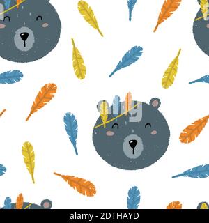 Cute childish seamless pattern with boho style bear and feathers. Hand drawn Scandinavian style vector illustration isolated on white background. Stock Vector