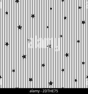 Seamless abstract pattern with little sharp black stars and lines on white background. Vector striped illustration. Magic sky. Stardust background. Bl Stock Vector