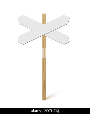 Signpost with blank direction signs on road. Wooden stick with white arrow boards vector illustration. Retro street post isolated on white background Stock Vector