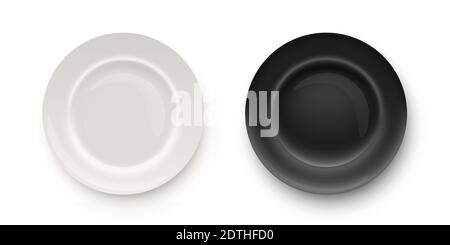White and black plates with gold borders for dishes. Top view on two empty clean kitchen plates vector illustration. Round realistic simple tableware Stock Vector
