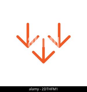 three red thin arrows down icon. download sign. Fall, decrease symbol isolated on white. Vector flat button. Stock Vector
