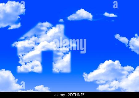 House shape in clouds concept on a bright blue sky day Stock Photo