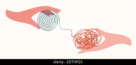 Psychotherapy concept. Psychologist psychiatrist doctor who helps and patient care with mental disorders.Health care.Untangle the thoughts of the mind Stock Vector