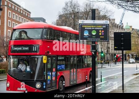 London- December 21, 2020:  Covid19 signage on empty London streets  a few days before Christmas Stock Photo