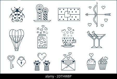 Saint Valentine 14th February Day Line Icons Stock Vector