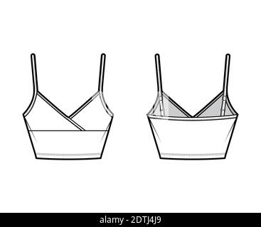 Crop Camisole surplice tank cotton-jersey top technical fashion illustration with empire seam, thin adjustable straps, slim fit. Flat outwear template front, back, white color. Women men CAD mockup Stock Vector