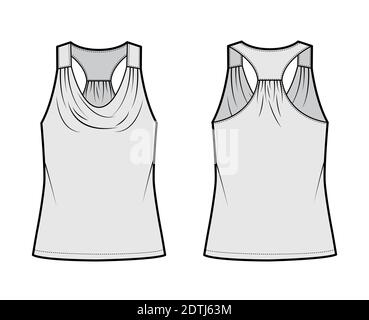 Tank racerback cowl top technical fashion illustration with ruching, oversized, tunic length. Flat apparel outwear shirt template front, back, grey color. Women, men unisex CAD mockup Stock Vector