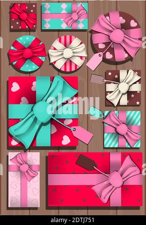 top view of a wooden table with a set of gifts and boxes for valentine s day. Romantic picture in pink, turquoise and red. Postcard for congratulations, declarations of love. vector illustration of an invitation to the holiday of all lovers. Picture for the holiday on February 14. Stock Vector