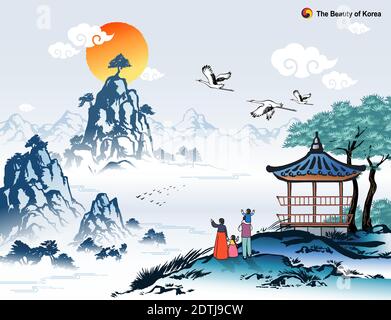 Beautiful Korea, new year sunrise and natural scenery, family wearing traditional hanbok, Korean traditional painting vector illustration. Stock Vector