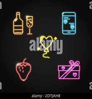 Neon Valentine day icon set in line style. Love symbols collection including wine bottle and glass, smartphone with romantic messages, heart shaped ba Stock Vector
