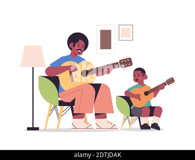african american father teaching little son to play the guitar parenting fatherhood concept dad spending time with his kid full length horizontal vector illustration Stock Vector
