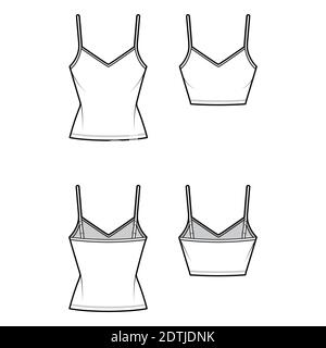 Set of Camisoles V-neck cotton-jersey top technical fashion illustration with thin adjustable straps, slim fit, tunic or crop length. Flat tank template front, back white color. Women men CAD mockup Stock Vector